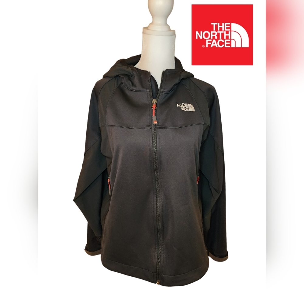 North Face Summit Series Women's Med hooded zip up jacket black trimmed in red